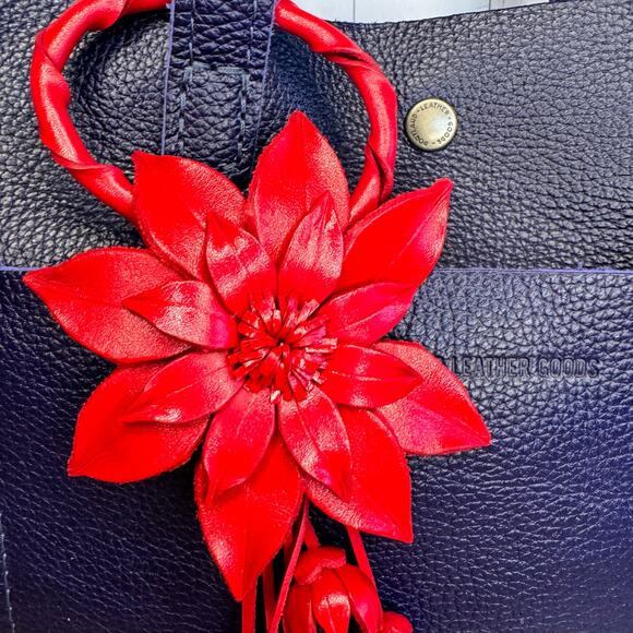 Leather Flower Purse Charm Genuine Leather Red Poinsettia Flower Bag Charm NEW - Picture 5 of 9